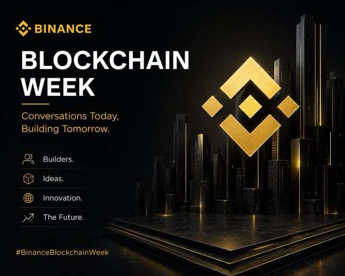 A promotional graphic for "BINANCE BLOCKCHAIN WEEK" featuring the tagline "Conversations Today, Building Tomorrow" alongside the themes Builders, Ideas, Innovation, and The Future, set against a stylized golden cityscape with the Binance logo, which visually reinforces the post's message about bringing together diverse industry voices to ask better questions and shape the future of blockchain.