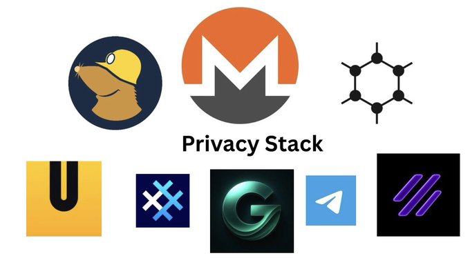 A promotional graphic for 'Privacy Stack' displays various cryptocurrency and tech logos: MetaMask (central), DuckDuckGo, Polkadot, UniSwap, and others arranged around it.
