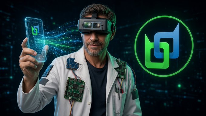A futuristic scientist wearing a VR headset and lab coat embedded with circuit boards holds a glowing smartphone displaying a green-and-blue logo, with the same logo enlarged in a circular frame beside him.