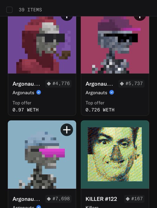 A mobile app screen displaying 39 NFT items from the 'Argonauts' collection and a 'KILLER #122' piece.