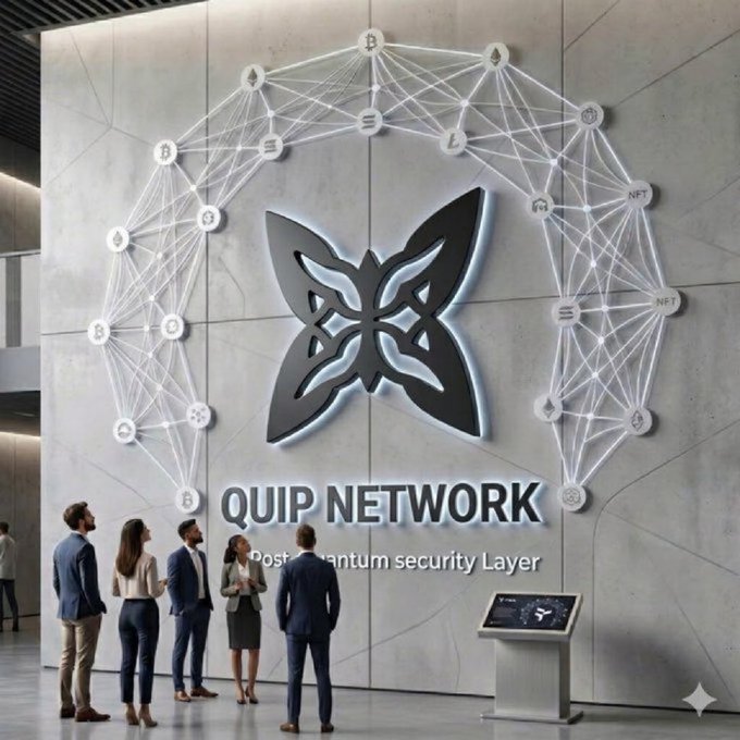 A corporate promotional image of 'QUIP NETWORK - Post quantum security Layer' featuring people looking at a large butterfly logo surrounded by a cryptocurrency network diagram including NFT icons.