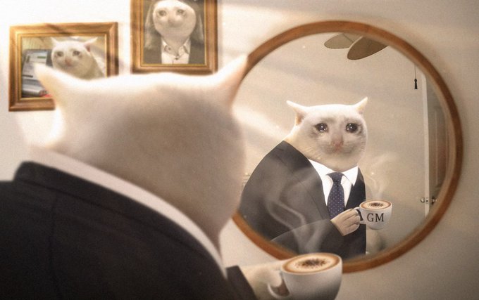 A cat in a business suit admires its reflection in a mirror while holding a coffee mug labeled "GM," while another mug in the foreground reads "GMEOW" — a playful nod to the "gmeow" meme riffing on GameStop's ticker symbol.