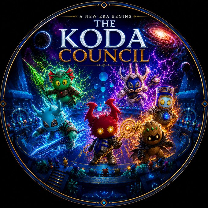 The image features a round blue circle with various colorful characters, including miniature robots wearing armor and spells-making minifigures, positioned around it. In the center, there are six small animated characters holding swords or bats. Above them, the phrase "Koda Council" is written in white letters, and below this, the word "Otherside" can be seen as well. The overall scene suggests that this gathering is taking place during the Koda Council event at the In-house Temple, a significant location for Kodans from various planets within the game.