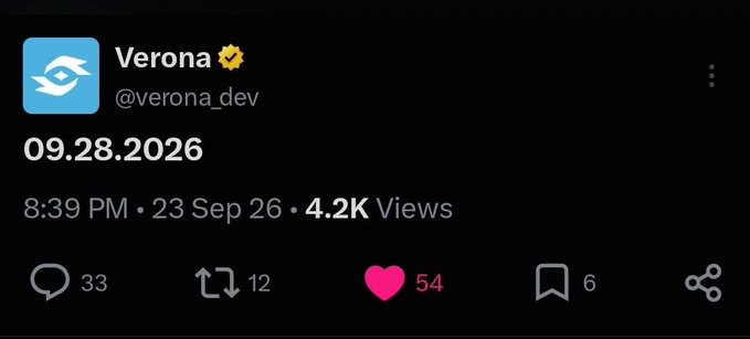 A screenshot of a post by Verona (@verona_dev) dated 09.28.2026, showing 4.2K views, 33 comments, 12 reposts, 54 likes, and 6 bookmarks.