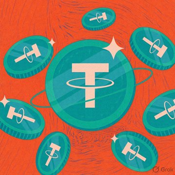 A digital illustration on an orange background featuring multiple teal cryptocurrency coins with a "T" symbol, some encircled by a ring.
