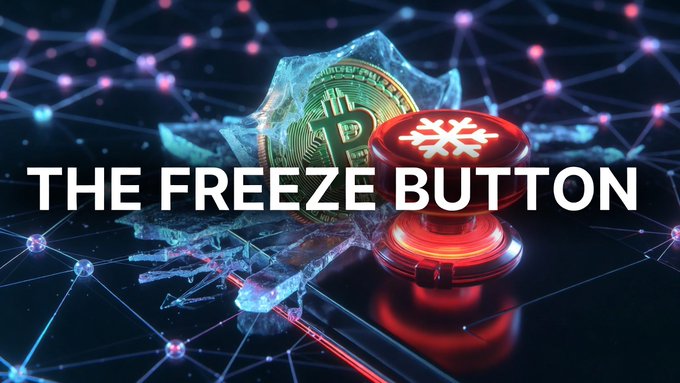 Digital graphic titled 'THE FREEZE BUTTON' showing a Bitcoin coin frozen in ice next to a red emergency button with a snowflake symbol, set against a network/constellation background.