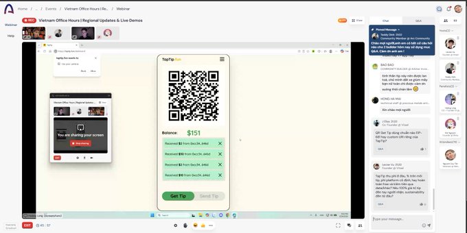 A webinar screen showing a 'Vietnam Office Hours' session on Airmeet with a TapTip QR code displayed showing a $151 balance, alongside a chat panel on the right.