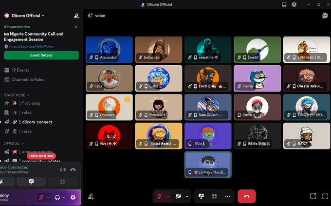 A screenshot of a Discord voice channel named 'voice' in the 'Dicom Official' server, displaying a grid of numerous user avatars participating in an 'NG Nigeria Community Call and Engagement Session'.