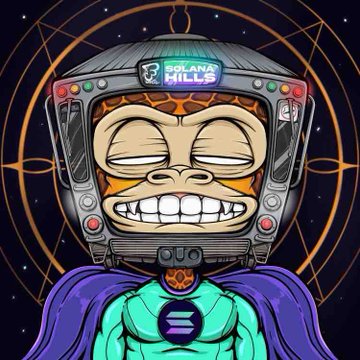 A vibrant cartoon-style NFT illustration featuring a grinning monkey-like character wearing a metallic helmet with the text "SOLANA MILLS" on top, set against a cosmic background with geometric patterns and purple caped shoulders. The image ties to the post celebrating scoring two Solana Mills grails from @Frens_Factory for under 1 SOL as a big win to end the day.