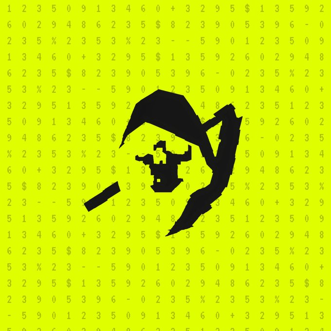 A stylized black silhouette graphic of a face with a cigarette is set against a bright yellow background filled with a grid of numbers and symbols.
