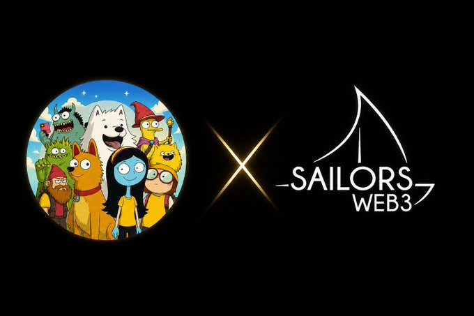 A split graphic showing cartoon characters from a circle on the left and a 'SAILORS WEB3' logo on the right, separated by a glowing X.