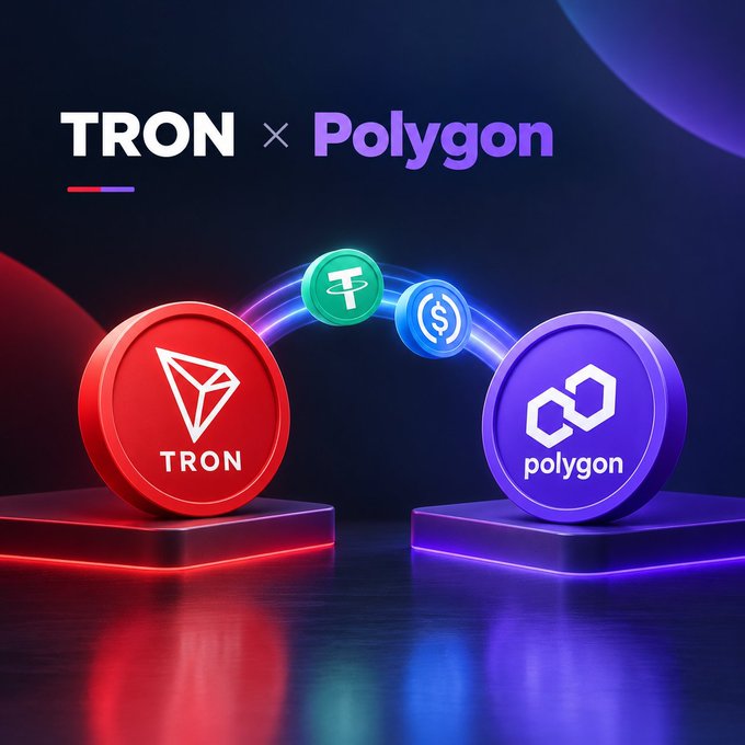 a promotional 3D graphic for TRON and Polygon, featuring a large red TRON coin on the left and a purple Polygon coin on the right, connected by glowing bridges with USDT and USDC tokens.
