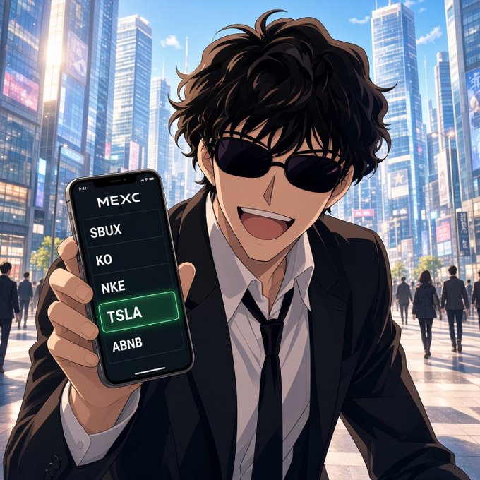 An anime-style illustration shows a smiling young man in a suit and sunglasses holding up a smartphone displaying a MEXC trading app with tickers like TSLA, SBUX, KO, NKE, and ABNB.