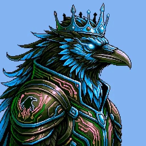 A pixel art illustration depicts a blue-feathered raven or crow wearing a spiked crown and ornate, glowing armor with circuit-like patterns against a blue background.