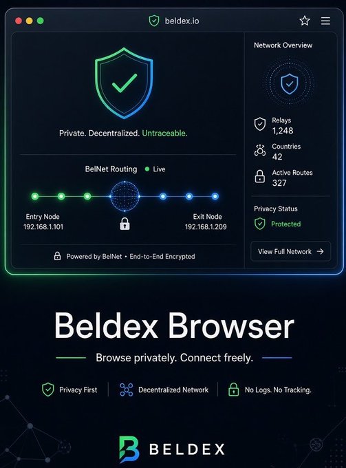 A promotional graphic for the Beldex Browser, featuring a network overview interface with stats like '1,248 Relays' and the tagline 'Private. Decentralized. Untraceable.'