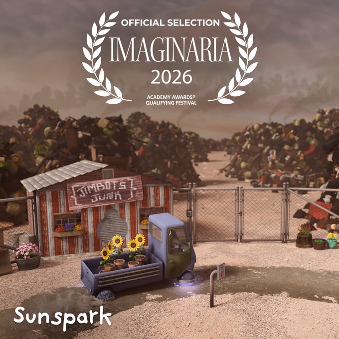 The image features a poster for the movie "Sunpark" that has been selected for an Oscar-qualifying festival. The poster includes a truck, flowers, and a fence, which are all elements of the film's setting. The text on the poster congratulates the @Glitch_Black team on their selection and mentions that the film was rendered by Render Network.