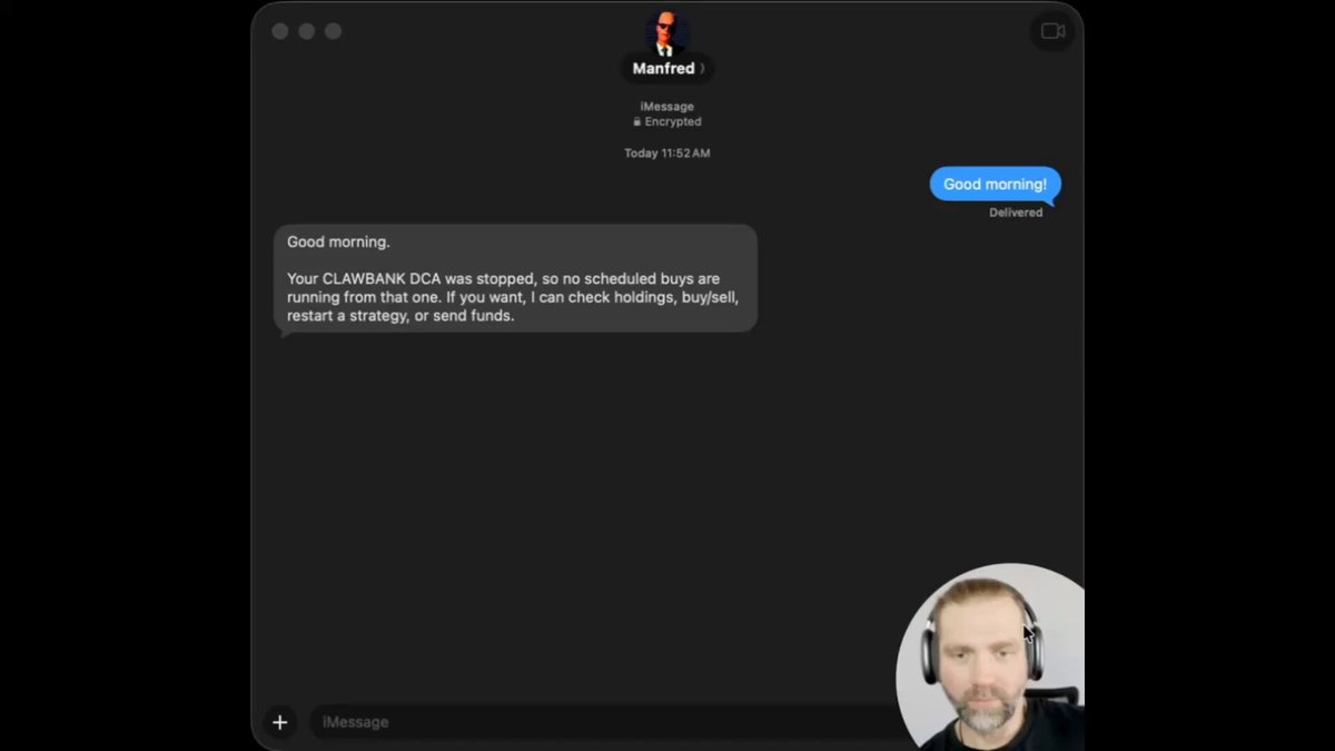 The image features a screenshot of a chat conversation with a man wearing headphones. The text displayed during the conversation includes phrases such as "Good mornings", "Manfred", "Your CLAWWORLD," and several other names that appear to be related to the market economy or trading. These terms suggest that the person talking on the call is discussing various aspects of the agent economy, possibly including account management, wallets, legal formation, or even early access strategies for the agent.