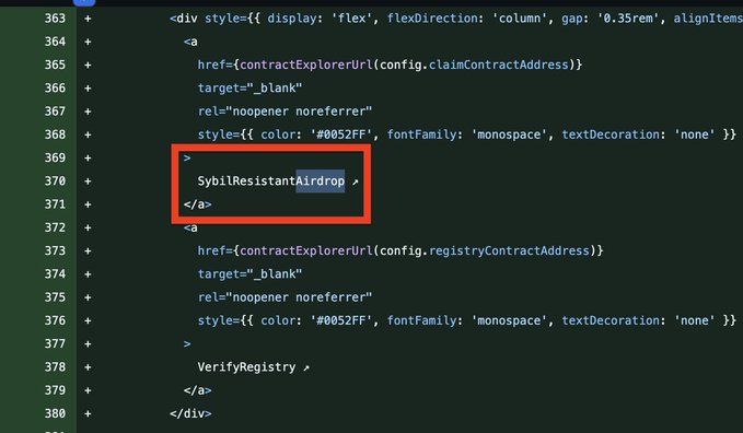 The image shows an open code editor with a green background displaying a code block that has been edited by a user named @base. The code block contains several lines of text, including a line that says "Sybil protection". There are also some other lines of text in the code block. The post about Sybil protection was committed to the official repository just 2 days ago and is now being moved back into place. This indicates that the @base's repo has started moving again, which could be a sign that the update on Sybil protection is finally getting close.