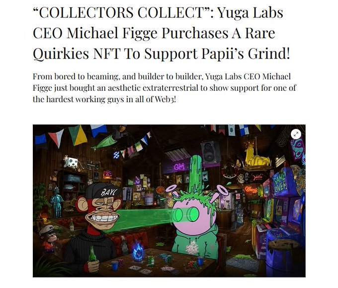 A promotional article for "Collectors Collect" features a cartoon illustration of a man and woman, with the text "Collectors Collect" and "Yoga Labs CEO Michael Fige purchases a rare Quirkies NFT to support Papiri's Grind!"
