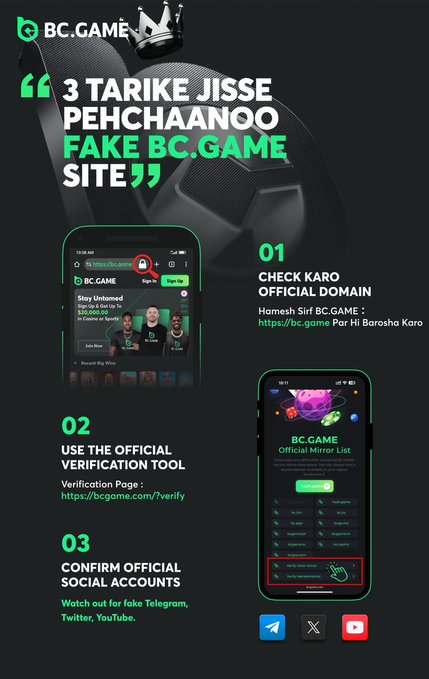 Promotional graphic titled '3 TARIKE JISSE PECHHAANOO FAKE BC.GAME SITE' with three numbered tips: checking official domain, using the verification tool at bcgame.com/?verify, and confirming social accounts, featuring screenshots of the BC.GAME website.