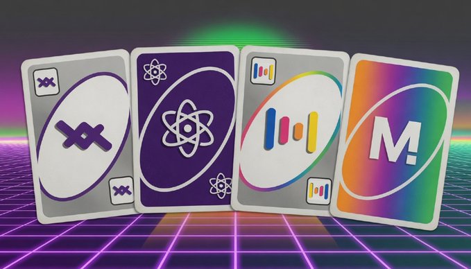 The image features four playing cards with different designs, including a purple card that has an atom drawing on it. The cards are arranged in a row against a purple background, which creates a visually appealing contrast. The text "When it comes to investing, they always say it's important to diversify," is written below the cards, emphasizing the importance of diversification in both financial and artistic contexts.