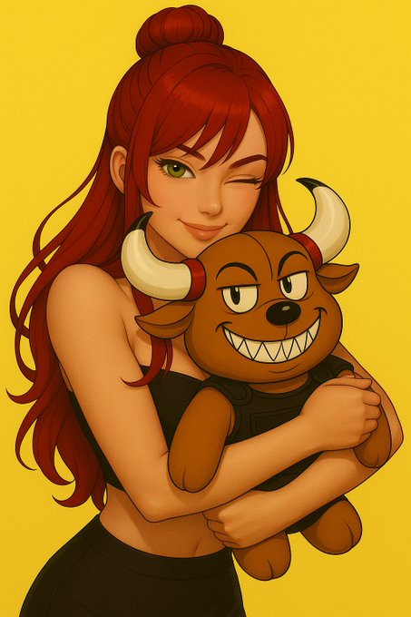 The image features a woman with red hair wearing black clothing who is holding a brown teddy bear. The background is yellow, which contrasts nicely with the woman's red hair. There are no texts or other objects present in the image.