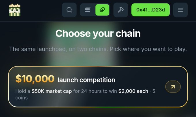 A screenshot of the pump.fun website displays a "Choose your chain" prompt with a highlighted "$10,000 launch competition" banner offering "$2,000 each" for holding a "$50K market cap for 24 hours," directly illustrating the post's mention of the @popiwtf launchpad's unique mechanics on Solana.