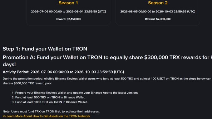 A Binance promotion page for 'Find your Wallet on TRON' offering to share $300,000 in TRX rewards across Season 1 ($2,150,000) and Season 2 ($2,350,000) during 2026.
