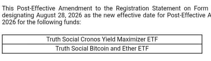 A document excerpt showing a Post-Effective Amendment to a Registration Statement dated August 28, 2026, listing 'Truth Social Cronos Yield Maximizer ETF' and 'Truth Social Bitcoin and Ether ETF'.