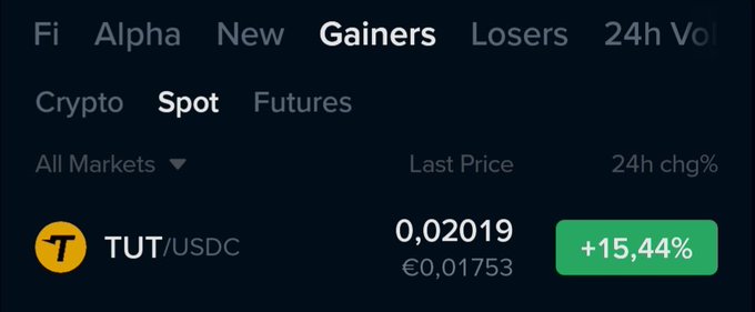 A crypto trading screen highlights TUT/USDC as a top "Gainers" pick on the Spot market, surging +15.44% to $0.02019 (€0.01753)—visually reinforcing the post's advice to consistently take profits during strong rallies.
