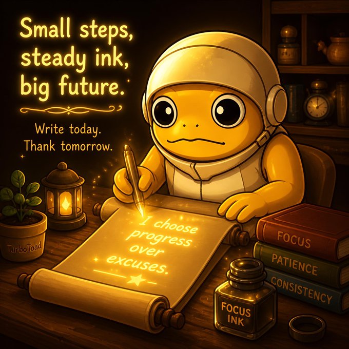 A golden toad wearing a space helmet writes on a glowing scroll that reads "I choose progress over excuses," surrounded by a potted plant labeled "TurboToad," an inkwell marked "FOCUS INK," and stacked books titled "FOCUS," "PATIENCE," and "CONSISTENCY," with the text "Small steps, steady ink, big future. Write today. Thank tomorrow." above—perfectly reinforcing the post's message of incremental progress tied to the $TURBO ticker.