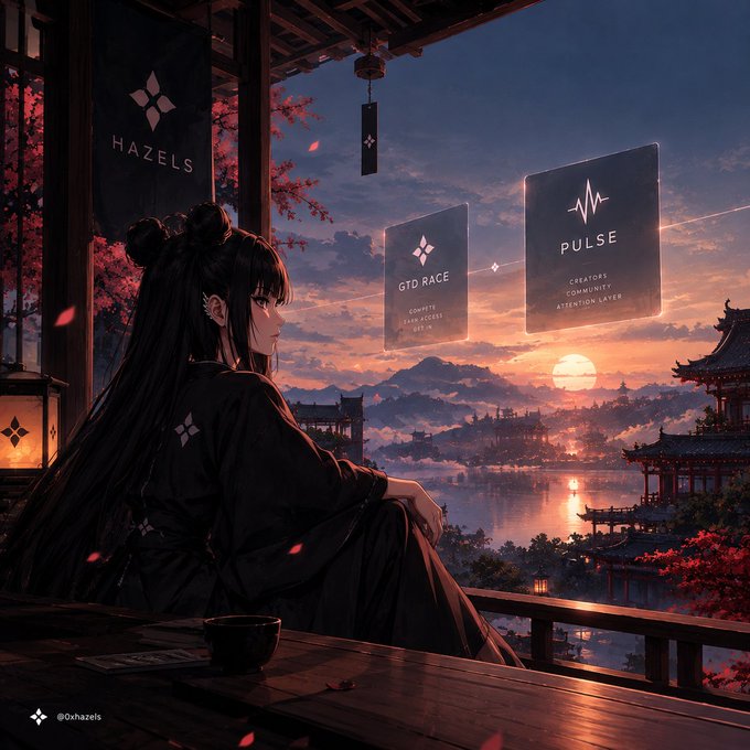 Anime-style artwork by @Ohhazels depicts a girl in dark clothing looking out over a sunset landscape with floating 'GTD RACE' and 'PULSE' holographic banners and a 'HAZELS' banner nearby.