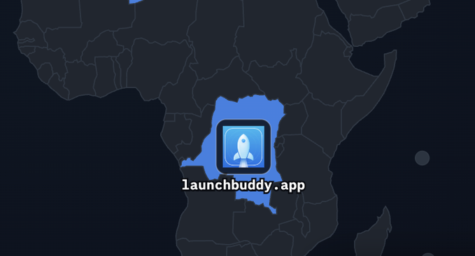 A dark map showing the Democratic Republic of the Congo highlighted in blue, with a rocket app icon and the text 'launchbuddy.app' displayed in the center.
