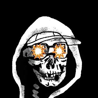 A stylized black and white illustration of a skull wearing a hooded cloak, a visor cap, and orange star-shaped sunglasses.