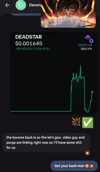 A Telegram chat screenshot showing a user named 'Devon' sharing a DEADSTAR token chart ($0.001645, 636.41% gain) with a message reading 'the bounce back is so fire let's goo. video guy and purpp are linking right now so i'll have some shit for us'.