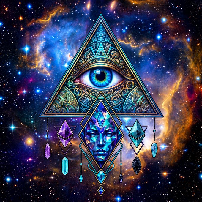 A cosmic illustration featuring an 'all-seeing eye' pyramid above a geometric face surrounded by purple and blue crystals against a nebula-filled starry background.