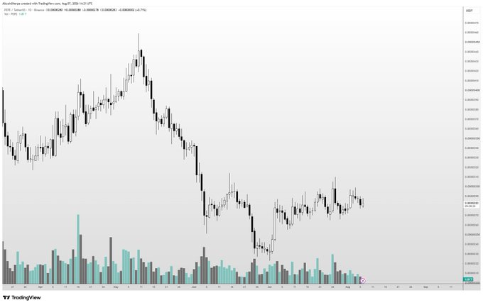 A TradingView candlestick chart of the PEPE/USD pair shows a long-term downtrend with prices declining from a May 2024 peak above $0.000015 toward lower levels near $0.000009, accompanied by declining volume, consistent with the post's cautious outlook suggesting $PEPE is a longer-term hold rather than an active trade at these depressed levels.