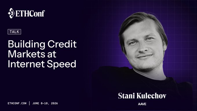 The image features a man wearing a black shirt with white text that says "Building Credit Markets at Internet Speed" against a purple background. The caption below the image reads "@StaniKulechov, CEO and Founder of @aave".