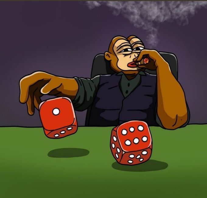 A weary cartoon man with half-lidded eyes smokes a cigar while tossing red dice on a green felt table, with smoke billowing against a dark purple background. The image illustrates the post's message about calculated risk-taking—showing that even when fatigued, one must still take their chances in crypto rather than sit idle, as rolling the dice (investing) is preferable to doing nothing at all.
