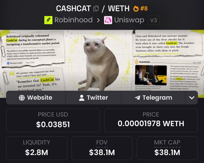 A crypto token page for CASHCAT/WETH on Uniswap V3 (via Robinhood), showing a cat image with news clippings, priced at $0.03851 with $2.8M liquidity and $38.1M market cap.