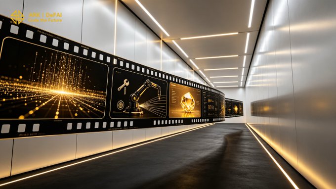A futuristic tunnel hallway displaying a film strip with AI-themed imagery, including text 'ANZ | DeFAI Create the Future' in the upper left corner.