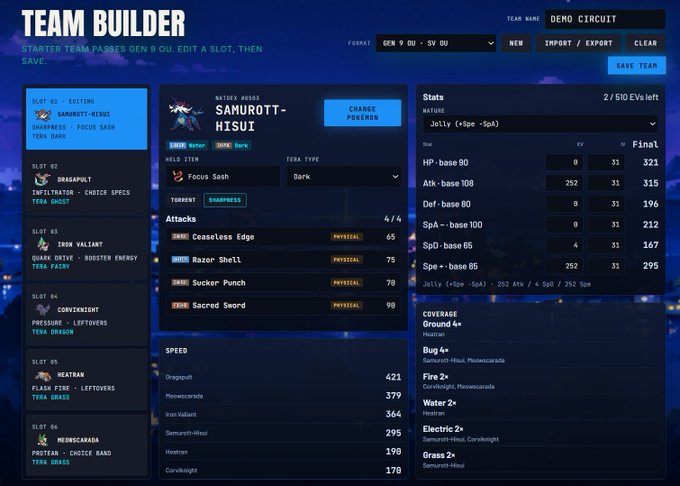 A Pokémon 'Team Builder' screen displays a detailed team setup featuring Samurott-Hisui as the chosen Pokémon, showing its Dark typing, moveset including Ceaseless Edge, Razor Shell, Sucker Punch, and Sacred Sword, along with stat calculations for a 'Jelly' format.