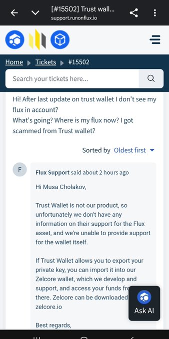 A screenshot of a support ticket (#15502) on support.runonflux.io where a user complains about not seeing their Flux cryptocurrency in their Trust Wallet, and Flux Support responds that Trust Wallet is not their product and cannot provide support.