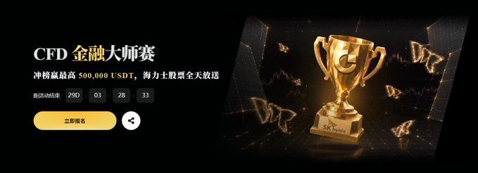 A promotional banner for a 'CFD 金融大師賽' (CFD Financial Master Competition) by SKYWIN, advertising a 500,000 USDT prize pool with a countdown timer and a gold trophy graphic.