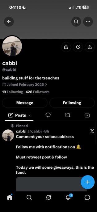 A screenshot of a Twitter/X profile for 'cabbi' (@cabbi) with the bio 'building stuff for the trenches,' showing 19 Following and 428 Followers, and a pinned post asking to 'Comment your solana address' for a giveaway.