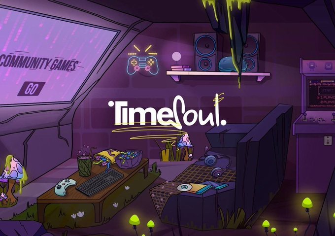 An illustrated purple-toned gaming room scene with the stylized text 'TimeOut.' in the center, featuring a TV showing 'COMMUNITY GAMES' and various gaming accessories.