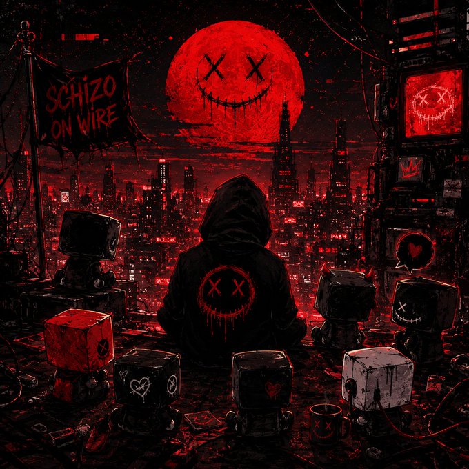 A dark, red-tinted cyberpunk-style illustration showing a hooded figure with "XX" on the back overlooking a city, with a red smiling moon face and text "SCHIZO ON WIRE."
