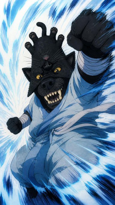 An animated illustration of an anthropomorphic black panther character in a martial arts gi, mid-action with fists raised against a dynamic blue energy background.