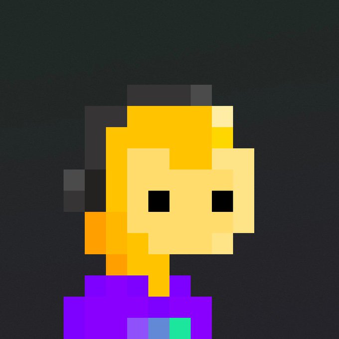 A pixel art avatar depicting a yellow-faced character with dark hair and a purple shirt against a black background.