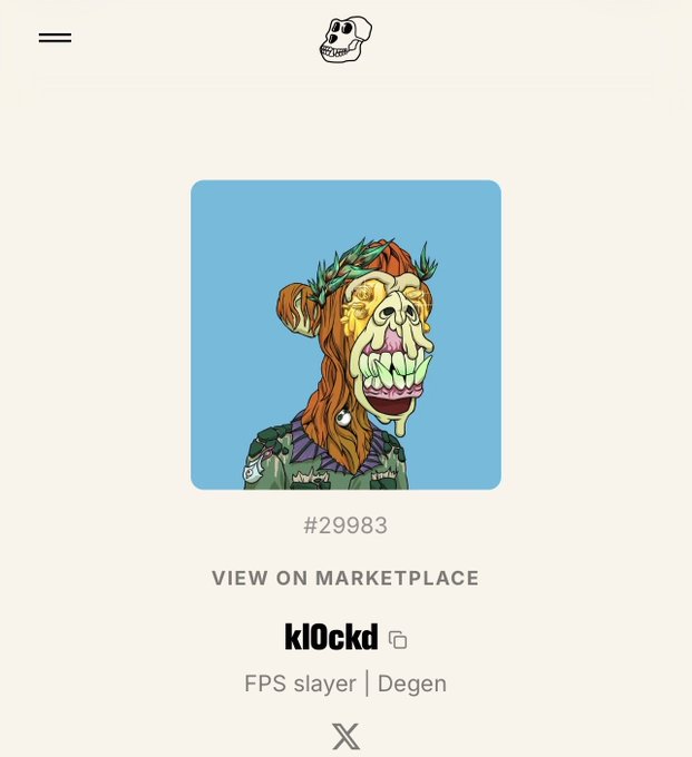 The image shows a screenshot of a website called "bayc.com" with a post titled "view on marketplace". The post is about a monkey character, which has a green face and an orange body. It also mentions that the monkey's bio should include a link to their @BoredApeYC profile.